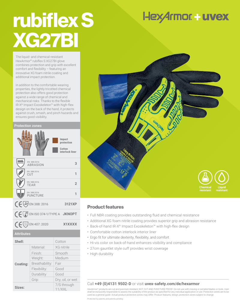 Nitriili- kemikaalisuojakäsine Uvex HexArmor® rubiflex S XG27BI
